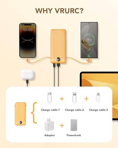 VRURC Portable Charger Built-in Cables and AC Wall Plug, USB C Power Bank 10000mAh, Travel Battery Phone Charger Compact Lightweight External Battery Pack for Smart Phones, Tablets etc-Orange - Image 4