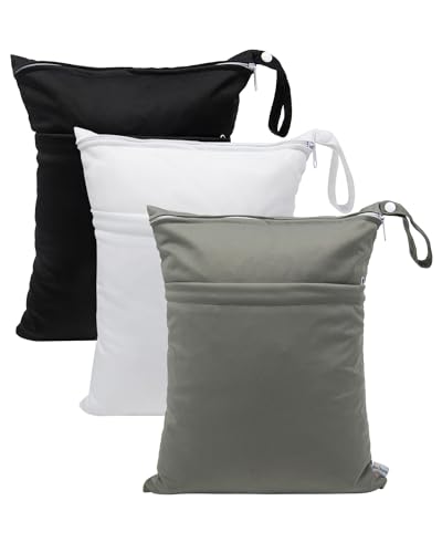 babygoal Wet Dry Bags 3 Pack, Waterproof Reusable Travel Bags for Swimsuits, Baby Cloth Diapers, Beach, Pool, Gym Bag & Wet Clothes with 2 Pockets L-BWG