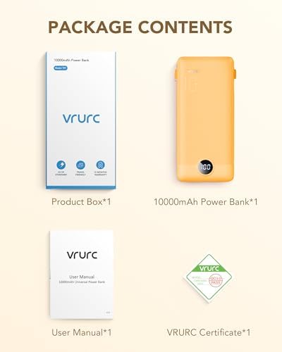 VRURC Portable Charger Built-in Cables and AC Wall Plug, USB C Power Bank 10000mAh, Travel Battery Phone Charger Compact Lightweight External Battery Pack for Smart Phones, Tablets etc-Orange - Image 8