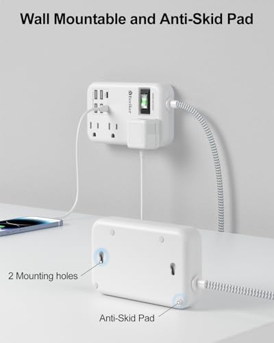 6 USB(2 USB C) Surge Protector Power Strip- 5Ft Travel Power Strip with 4.8A USB Charging Station and 4 Extendable Outlet, 13A Flat Plug Braided Extension Cord with Wall Mount for Travel Office Dorm - Image 6
