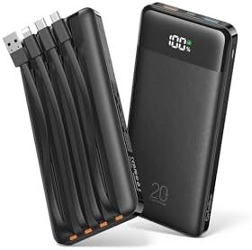 20000mAh Power Bank Fast Charging, Portable Charger with 4 Built-in Cables & 6 Outputs, 20W PD USB C Battery Pack Compatible with iPhone 16/15, Galaxy, Android, iPad & More (Travel Essential)