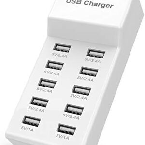 USB Charger Station Block with Rapid Charging Auto Detect Technology Safety Guaranteed 10-Port Family-Sized Smart USB Ports for Multiple Devices Smart Phone Tablet Headphones