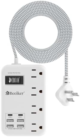 6 USB(2 USB C) Surge Protector Power Strip- 5Ft Travel Power Strip with 4.8A USB Charging Station and 4 Extendable Outlet, 13A Flat Plug Braided Extension Cord with Wall Mount for Travel Office Dorm