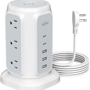 AiJoy Flat Plug Power Strip Tower 9 Outlets and 5 USB Ports (2 USB-C), 1200J Surge Protection, 6.5ft 1625W Extension Cord Charging Station for Home Office Supplies, Dorm Room Essentials
