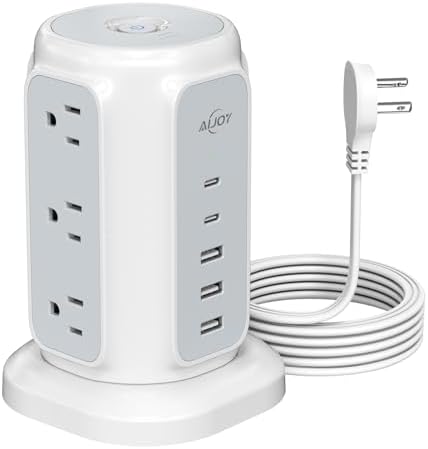 AiJoy Flat Plug Power Strip Tower 9 Outlets and 5 USB Ports (2 USB-C), 1200J Surge Protection, 6.5ft 1625W Extension Cord Charging Station for Home Office Supplies, Dorm Room Essentials