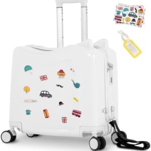 smilesun 20" Ride-On Travel Suitcase for Kids, Cute Ear Toddler Carry on Luggage with Spinner Wheels, Children Rolling Trolly Luggage with Combination Lock (Matte White with Rope)