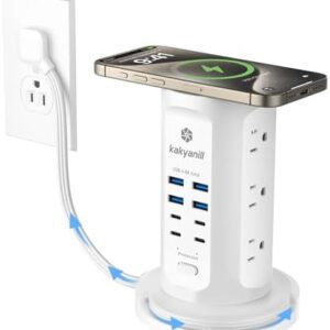 Power Strip Tower, kakyanill Surge Protector Tower 9 AC Outlets 8 USB (4 USB C), 6 Ft Retractable Extension Cord, Charging Station for Office Dorm Room, White