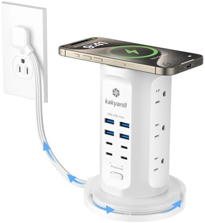 Power Strip Tower, kakyanill Surge Protector Tower 9 AC Outlets 8 USB (4 USB C), 6 Ft Retractable Extension Cord, Charging Station for Office Dorm Room, White