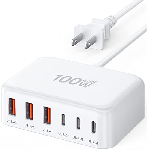 USB C Fast Charger, 100W GaN 6 Port Type USB C Charging Station Hub Block Cube, USB C Wall Charger Power Strip Adapter Plug for iPad iPhone 17 16 15 14 13 12 Pro Max Pixel Note Galaxy, 5ft Cord