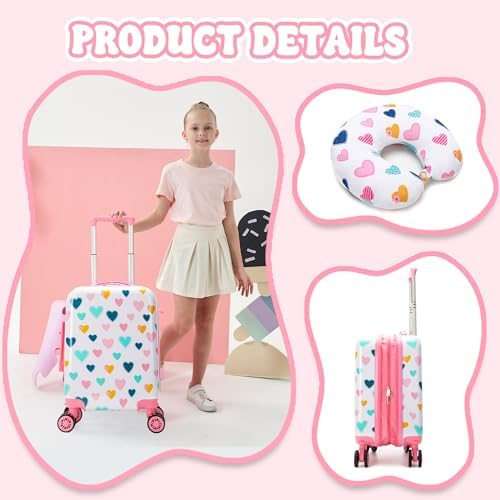 Kid's Luggage Set 3 Piece Suitcase Set 16" Hardside Luggage with Spinner Wheels Girls Carry on Toddler Travel Rolling Suitcase with Duffle Bag Neck Pillow Airline Approved - Image 7
