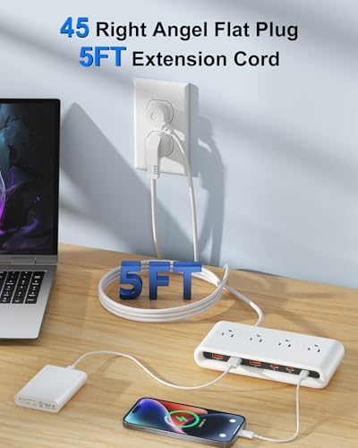 Power Strip with USB C 35W,10-in-1 Flat Plug Wall Charger - 5FT Extension Cord with 4AC, 3 USB A & 3 USB C - PD20W Charging Station for Multiple Devices - Travel Home Office (White) - Image 6