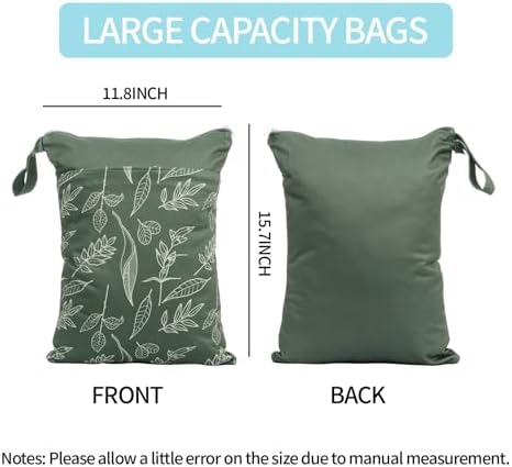 2pcs Wet Bags Waterproof Reusable Wet Dry Bag with Two Zippered Pockets Travel Beach Pool Daycare Yoga Gym Bag for Baby Cloth Diaper,Swimsuits,Wet Clothes (Leaves & Grids) - Image 2