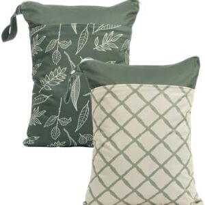 2pcs Wet Bags Waterproof Reusable Wet Dry Bag with Two Zippered Pockets Travel Beach Pool Daycare Yoga Gym Bag for Baby Cloth Diaper,Swimsuits,Wet Clothes (Leaves & Grids)