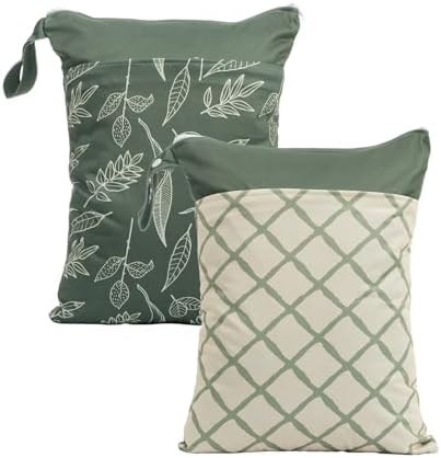 2pcs Wet Bags Waterproof Reusable Wet Dry Bag with Two Zippered Pockets Travel Beach Pool Daycare Yoga Gym Bag for Baby Cloth Diaper,Swimsuits,Wet Clothes (Leaves & Grids)