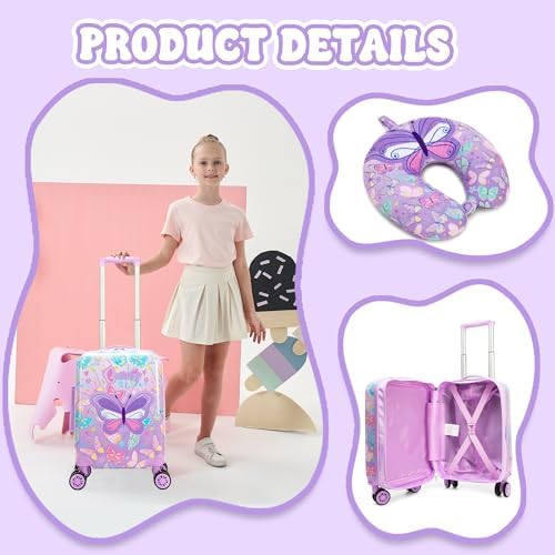 Kid's Luggage Set 2 Piece Suitcase Set 16" Hardside Luggage with Spinner Wheels Girls Carry on Toddler Travel Rolling Suitcase with Neck Pillow Airline Approved - Image 4
