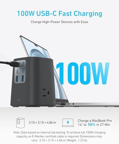 Anker Charging Station (100W), 9-in-1 USB-C Power Strip with 300J Surge Protection, for iPhone 16 and MacBook, 5 ft Flat Cable and Plug, 4 USB-C and 2 USB-A Ports, 3 AC Outlets, for Home, Office - Image 3