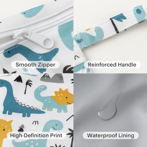 Waterproof Wet Dry Bag, Reusable Diaper Pouch with Zipper, Machine Washable Travel Organizer for Beach, Daycare, Kids, Dinosaur Pattern (White Dino) - Image 6