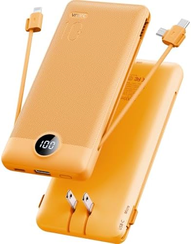 VRURC Portable Charger Built-in Cables and AC Wall Plug, USB C Power Bank 10000mAh, Travel Battery Phone Charger Compact Lightweight External Battery Pack for Smart Phones, Tablets etc-Orange