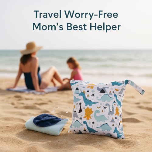 Waterproof Wet Dry Bag, Reusable Diaper Pouch with Zipper, Machine Washable Travel Organizer for Beach, Daycare, Kids, Dinosaur Pattern (White Dino) - Image 8