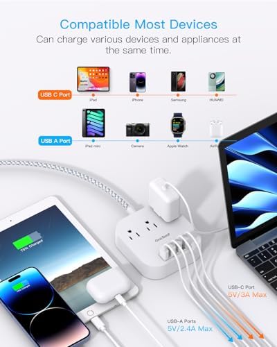 One Beat Power Strip with USB C, 3 Outlets 4 USB Ports (22.5W/4.5A) Desktop Charging Station, Flat Plug, 5ft Braided Extension Cord, Non Surge Protector for Travel, Cruise Ship, ETL Listed - Image 7