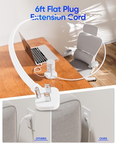 Power Strip Tower, kakyanill Surge Protector Tower 9 AC Outlets 8 USB (4 USB C), 6 Ft Retractable Extension Cord, Charging Station for Office Dorm Room, White - Image 7