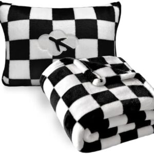 Travel Blanket and Pillow Compact, Premium Soft 2 in 1 Airplane Blanket with Soft Bag Pillowcase，Hand Luggage Sleeve and Backpack Clip (Checkered Black)