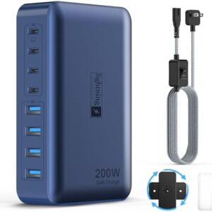 8-Port iPhone Charger Fast Charging 200W with Flat Plug, Braided Power Cord, and On/Off Switch- USB Charging Hub for iPhone, iPad, MacBook and More- 65W C Port Power Adapter for Laptops