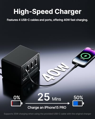 Gitryin 12-in-1 Desktop Charging Station with 4 Retractable Type-C Wall Chargers, 40W USB-C Power Strip with Flat Plug, Extension Cord with 1020J Surge Protection for Home Office - Image 3