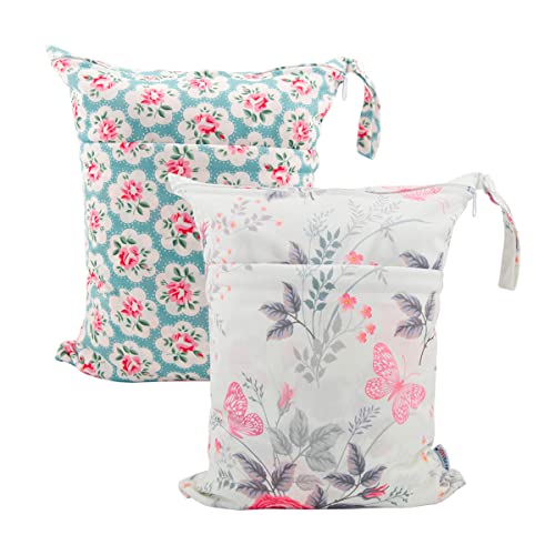 ALVA ALVABABY 2pcs Cloth Diaper Wet Dry Bags Waterproof Reusable with Two Zippered Pockets Travel Beach Pool Daycare Soiled Baby Items Yoga Gym Bag for Swimsuits or Wet Clothes L5166