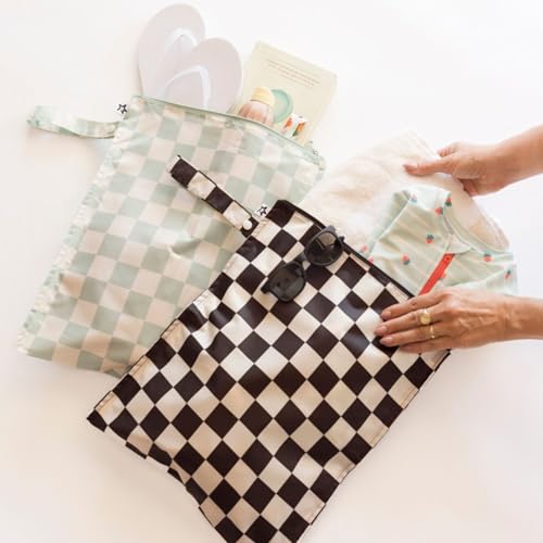 Tiny Twinkle Mess Proof Wet Bags | 2-Pack Reusable Waterproof Wet Bags for Swimsuits | Baby Clothes | Travel & Diaper Bag (Black, Green Checkers) - Image 7