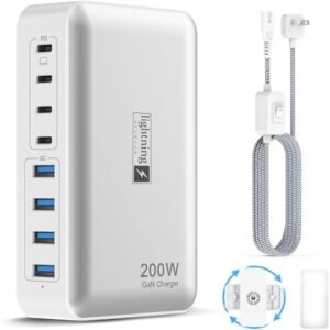 200W Charging Station for Multiple Devices, 8-Port USB C Charger Block Fast Charging, 65W Type C GaN Power Adapter for Cellphones, Tablets, Laptops, Multi Chargers USB Hub Flat Plug