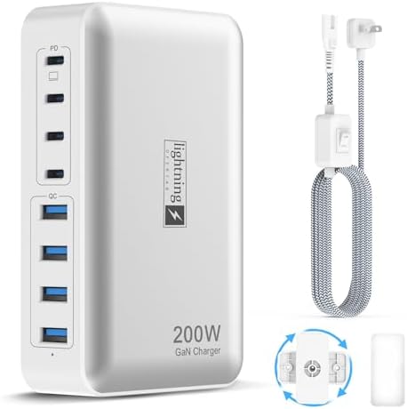 200W Charging Station for Multiple Devices, 8-Port USB C Charger Block Fast Charging, 65W Type C GaN Power Adapter for Cellphones, Tablets, Laptops, Multi Chargers USB Hub Flat Plug