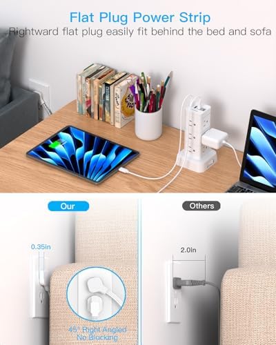Surge Protector Power Strip Tower, 12 Outlets 4 USB (2 USB C) Desktop Charging Station for Multiple Devices, 6Ft Flat Plug Extension Cord with Multiple Outlets, Home Office College Dorm Essentials - Image 3