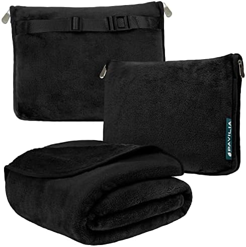 PAVILIA Travel Blanket Pillow, Soft Airplane Blanket 2-in-1 Combo Set, Plane Blanket Compact Packable, Flight Essentials Car Pillow, Travelers Gifts Accessories, Luggage Backpack Strap, 60x43 Black