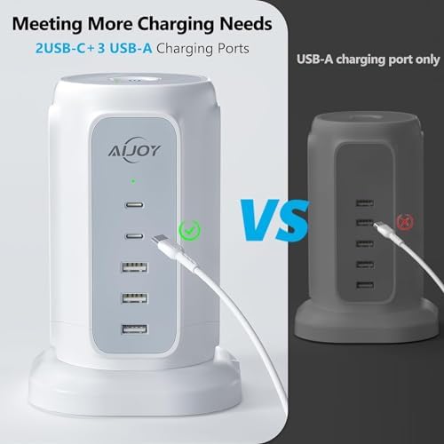 AiJoy Flat Plug Power Strip Tower 9 Outlets and 5 USB Ports (2 USB-C), 1200J Surge Protection, 6.5ft 1625W Extension Cord Charging Station for Home Office Supplies, Dorm Room Essentials - Image 3