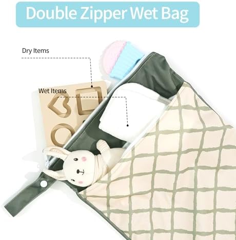 2pcs Wet Bags Waterproof Reusable Wet Dry Bag with Two Zippered Pockets Travel Beach Pool Daycare Yoga Gym Bag for Baby Cloth Diaper,Swimsuits,Wet Clothes (Leaves & Grids) - Image 4