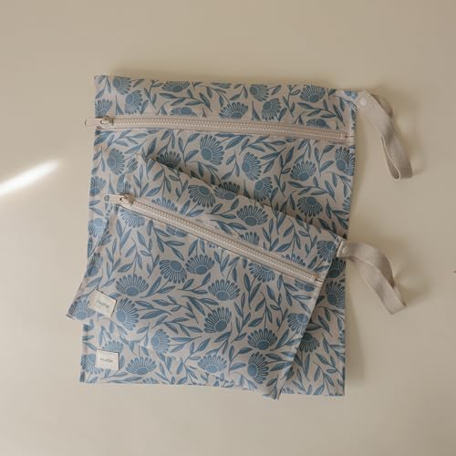 mushie Water Resistant Wet Bags | Large & Small Reusable Storage Bag for Baby Items and Travel | Zippered Pockets with Handle | Machine Washable, Set of 2 (Blue Flowers) - Image 5