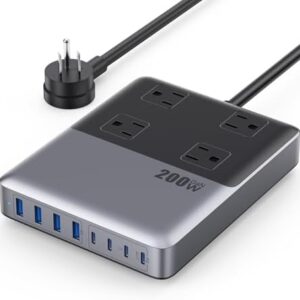 12-in-1 Charging Station USB C Power Strip with 5ft Cord and Plug,200W GaN IV USB C Charger Block,4 AC Outlets,8 USB for MacBook,iPhone 17/16/15,Fast Charging Desktop Charger for Office,Home