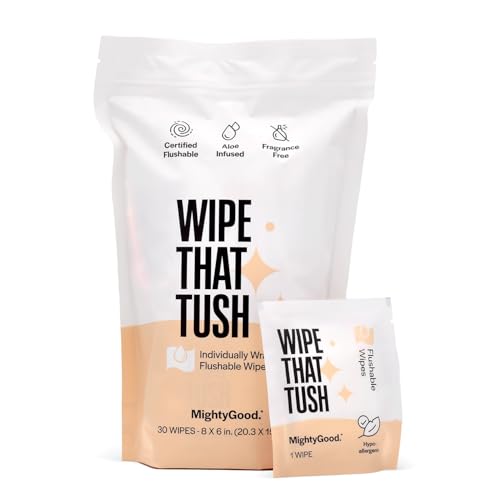 Wipe That Tush On-The-Go Flushable Wipes - 1 Pack of 30 Individually Wrapped Wipes - Fragrance Free - Extra Large & Soft - Hypoallergenic With Aloe & Vitamin E - Septic-Safe