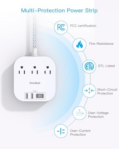 One Beat Power Strip with USB C, 3 Outlets 4 USB Ports (22.5W/4.5A) Desktop Charging Station, Flat Plug, 5ft Braided Extension Cord, Non Surge Protector for Travel, Cruise Ship, ETL Listed - Image 5