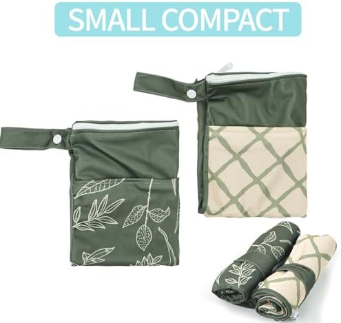 2pcs Wet Bags Waterproof Reusable Wet Dry Bag with Two Zippered Pockets Travel Beach Pool Daycare Yoga Gym Bag for Baby Cloth Diaper,Swimsuits,Wet Clothes (Leaves & Grids) - Image 5