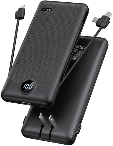 Portable Charger,Power Bank Built-in Cables and AC Wall Plug,VRURC USB C Portable Bank 10000mAh,Travel Essentials Phone Charger Compact Lightweight External Battery Pack for Smart Phones,Tablets-Black