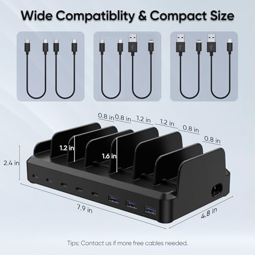 300W Charging Station for Multiple Devices, 8 Port Multi USB C Fast Charger Station Dock for MacBook iPhone 17/16/15/14/13/12 Samsung Pixel Series iPad, Black (6 Mixed Short Cables Included) - Image 5
