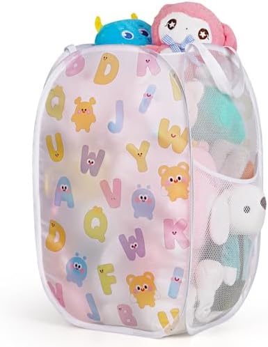 Collapsible Pop Up Hamper for Baby Clothes or Toys Storage, Mesh Hamper with Handles & Side Pocket, Multi-Use Laundry Hamper & Toy Basket, Portable for Home, Travel, Dorm(White-Vertical) - Image 8