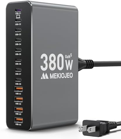 Aluminum Alloy 380W Charging Station Fast USB C Charger Block 12 Ports 65W Laptop GaN Charger for MacBook Pro/Air/iPad Pro/iPhone (Gray)