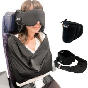 3-in-1 Airplane Sleep Support System - Integrated Plane Sleeping Accessories with Memory Foam Long Haul Flight Pillow, Adjustable Travel Eye Mask, and Blanket-Like Body Sling - Fits in Carry On