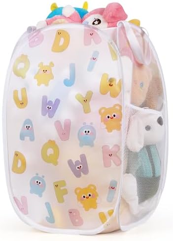 Collapsible Pop Up Hamper for Baby Clothes or Toys Storage, Mesh Hamper with Handles & Side Pocket, Multi-Use Laundry Hamper & Toy Basket, Portable for Home, Travel, Dorm(White-Vertical)