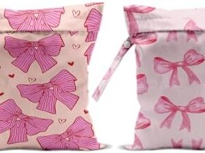 2Pcs Pink Bow Wet Bags 12x10 Inch, Heart Waterproof Travel Laundry Bags, Washable Reusable Wet Dry Bag for Swimsuit Pool Beach Diapers Dirty Yoga Gym Clothes, Pink Gifts for Women Friend Travelers