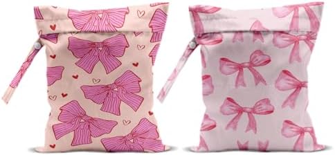 2Pcs Pink Bow Wet Bags 12x10 Inch, Heart Waterproof Travel Laundry Bags, Washable Reusable Wet Dry Bag for Swimsuit Pool Beach Diapers Dirty Yoga Gym Clothes, Pink Gifts for Women Friend Travelers