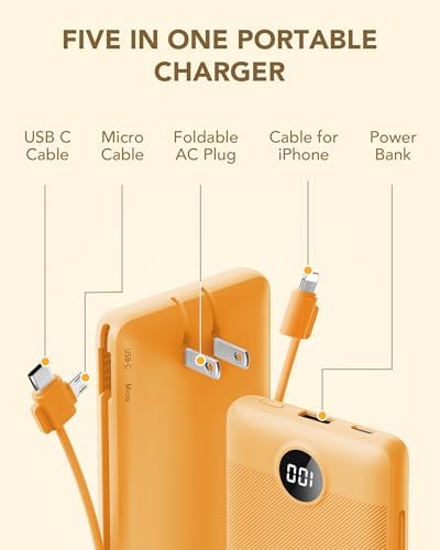 VRURC Portable Charger Built-in Cables and AC Wall Plug, USB C Power Bank 10000mAh, Travel Battery Phone Charger Compact Lightweight External Battery Pack for Smart Phones, Tablets etc-Orange - Image 3